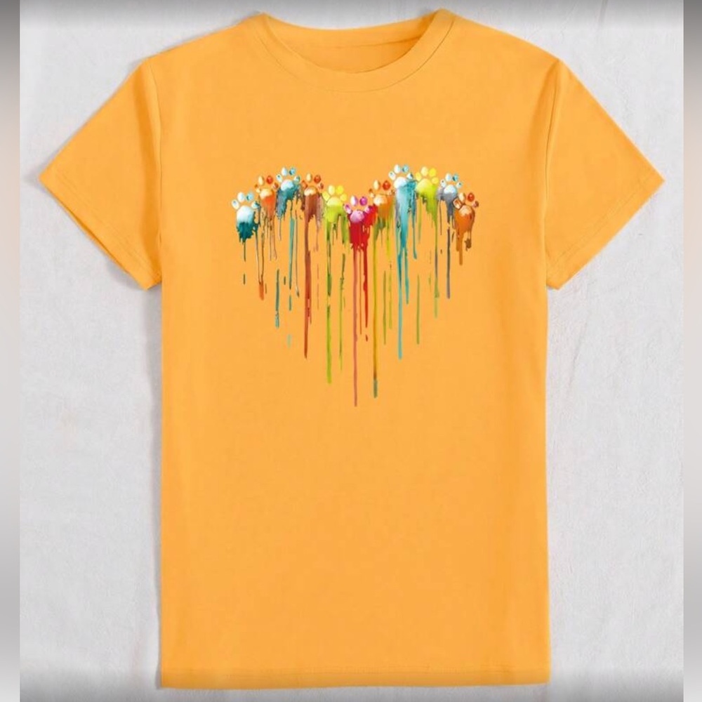 Yellow T-Shirt with Colorful Heart Paw Print Design